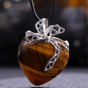 Tiger Eye Natural Gemstone Love Heart Bow Knot Pendant Necklace Gemstone Pendant